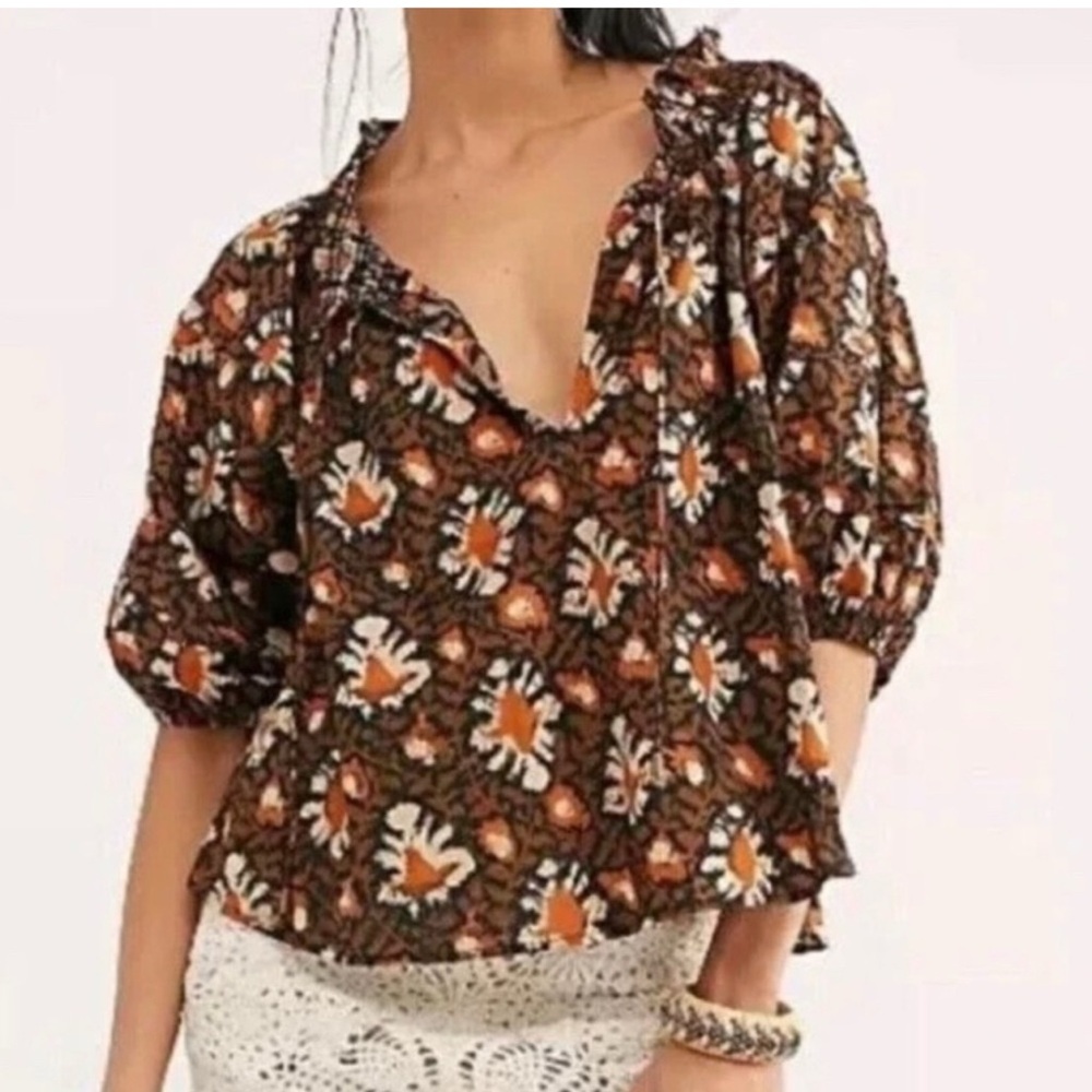 Free People Women’s Willow Print Puff Sleeve 100% Cotton Blouse Size XS